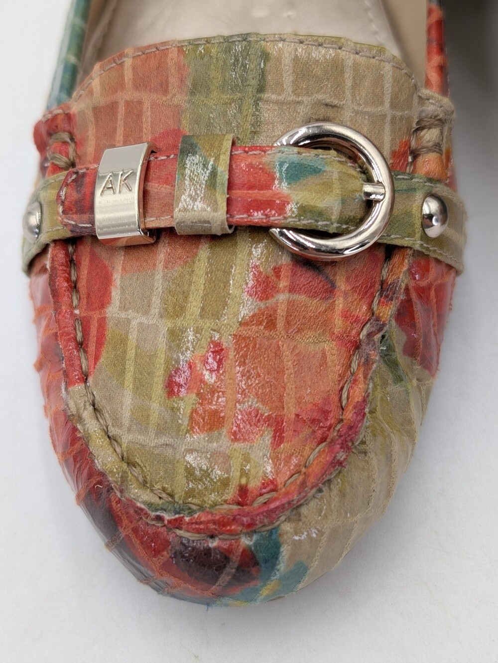 Anne Klein iflex Savina Sz 7.5 Multicolor Coral/Teal Croc Loafers Gold Buckles - Picture 5 of 16